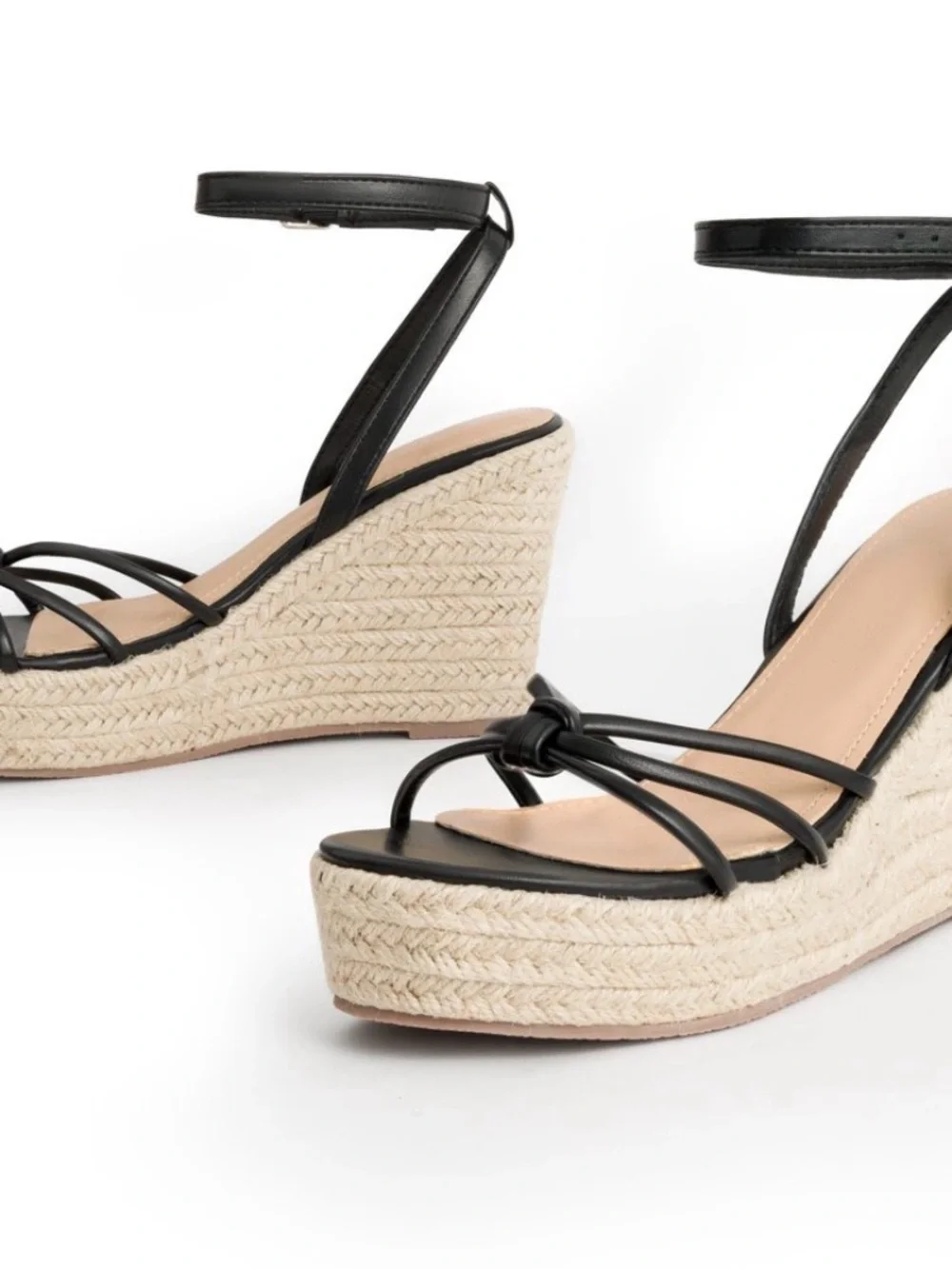 New! Women's Black Strappy Espadrille open-toe adjustable ankle strap wedges 8.5